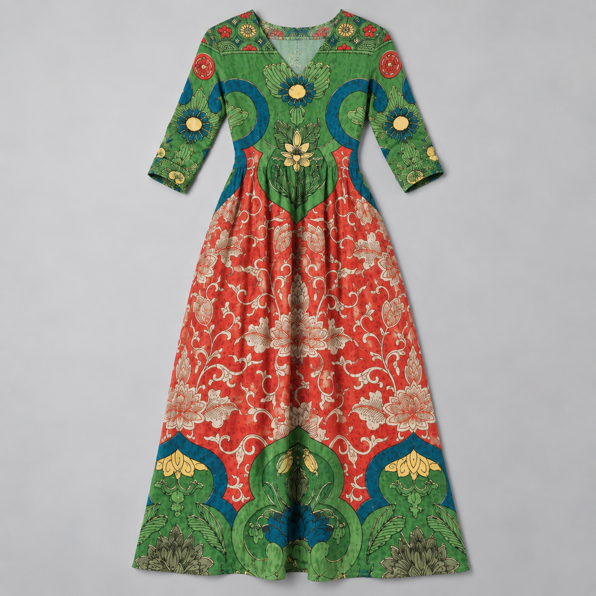 Vestido Maxi Floral Vintage con Escote en V | Algodón Suave y Transpirable | Silueta Fluida de Manga Larga para Cualquier Ocasión