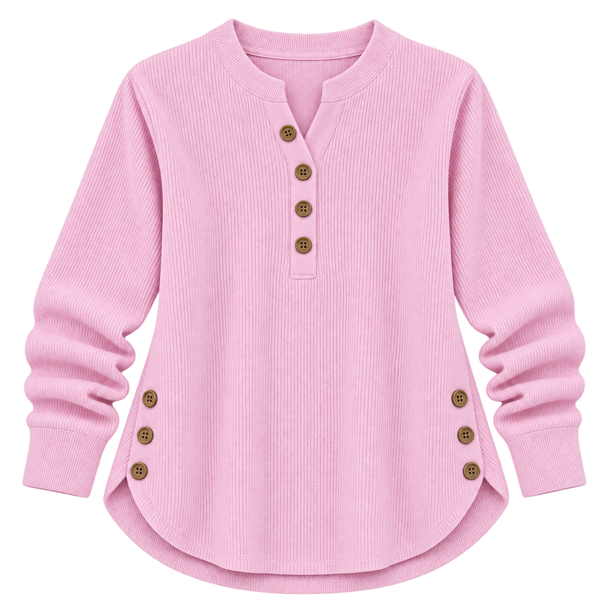 Suéter de punto Henley largo para mujer | Ajuste relajado | Detalles de botones laterales, tapeta de botones flexible | Casual elegante