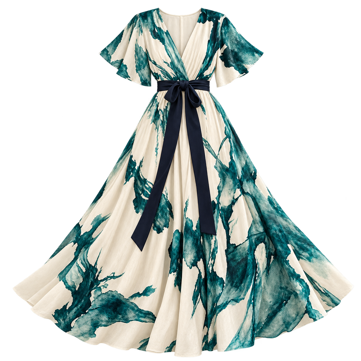 Women's Long Dress with V-Neck Wrap and Belt