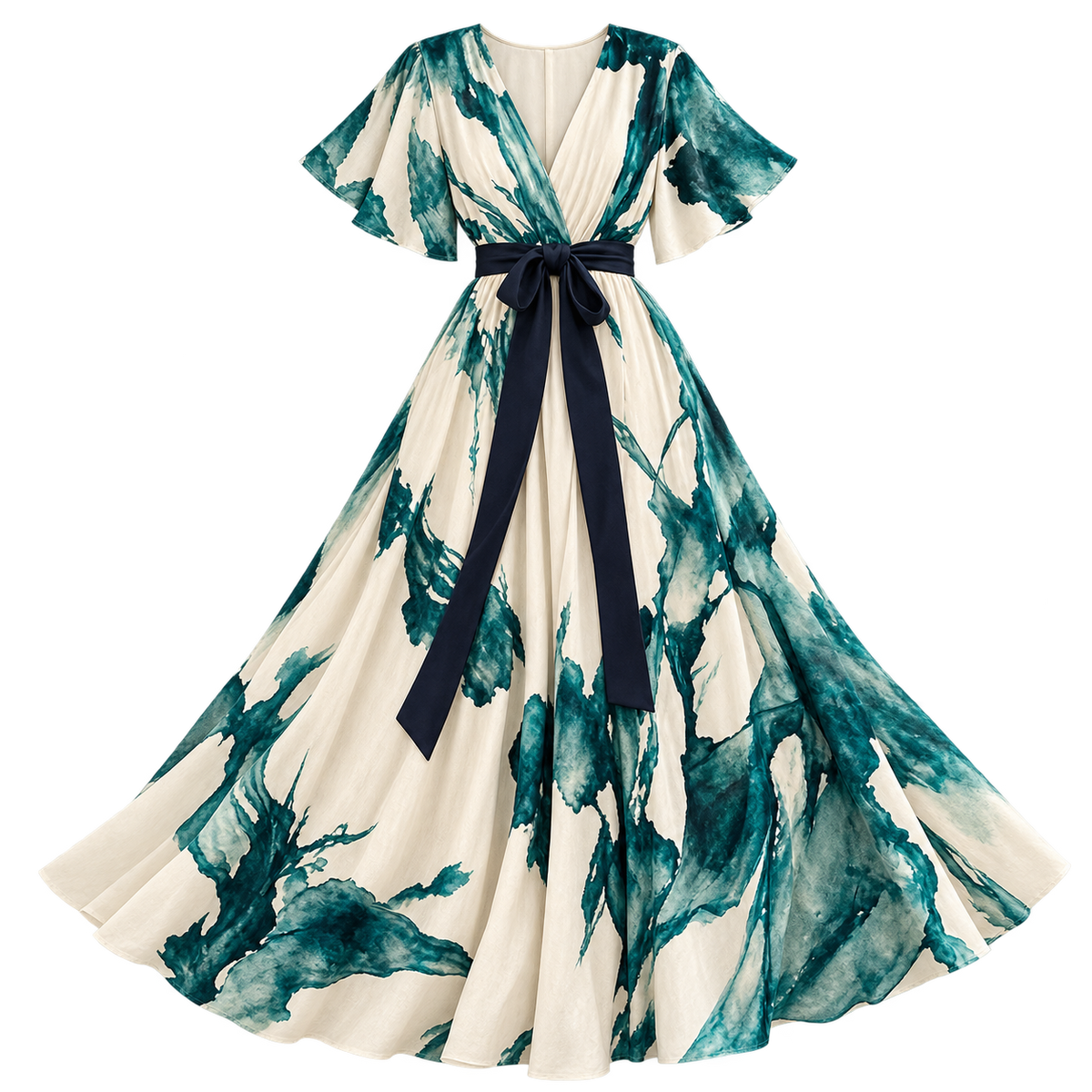 Women's Long Dress with V-Neck Wrap and Belt