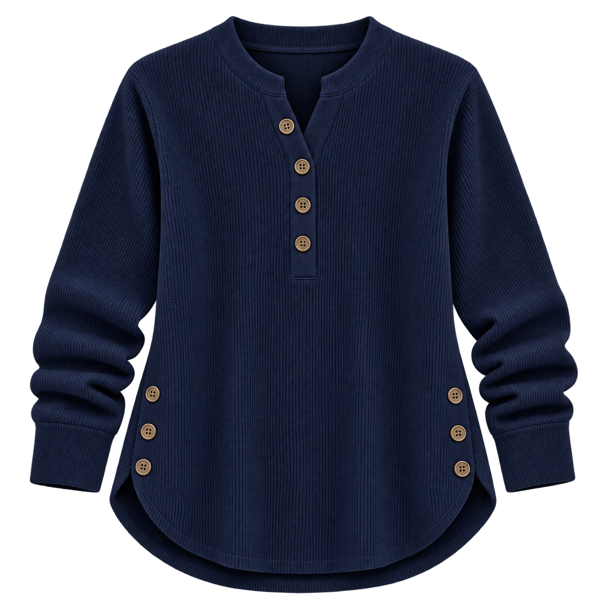 Suéter de punto Henley largo para mujer | Ajuste relajado | Detalles de botones laterales, tapeta de botones flexible | Casual elegante