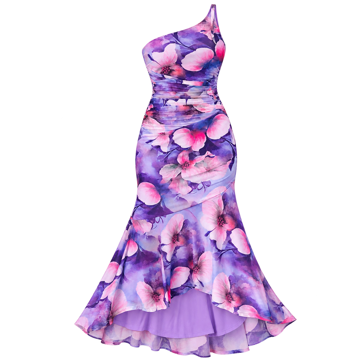 Vestido de Mujer con Estampado Floral, Hombro Único y Dobladillo Asimétrico