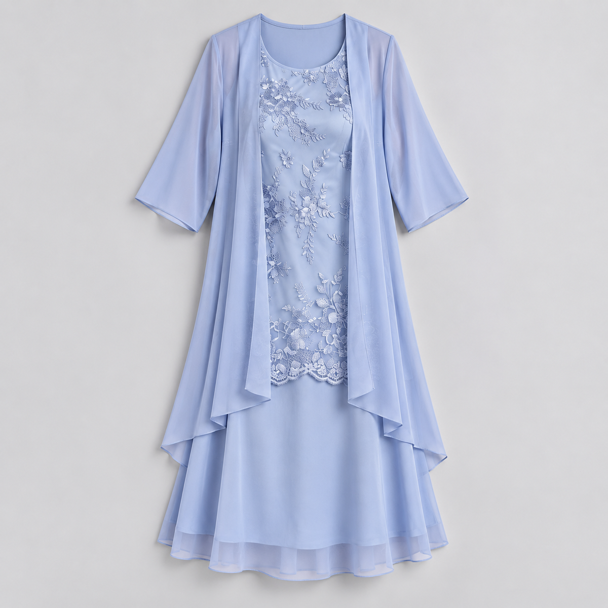 Vestido Largo de Dos Piezas con Encaje y Gasa | Capa Superior Texturizada y Caída Fluida | Estilo Romántico para Eventos Especiales