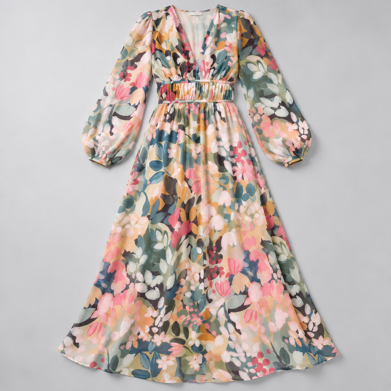 Vestido Largo Estampado con Escote en V y Cintura Alta | Mangas Abullonadas y Corte Fluido | Estilo Bohemio para Cualquier Ocasión
