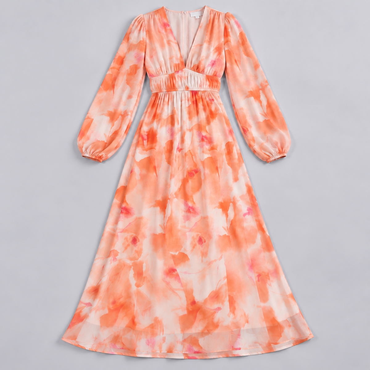 Vestido Largo Estampado con Escote en V y Cintura Alta | Mangas Abullonadas y Corte Fluido | Estilo Bohemio para Cualquier Ocasión