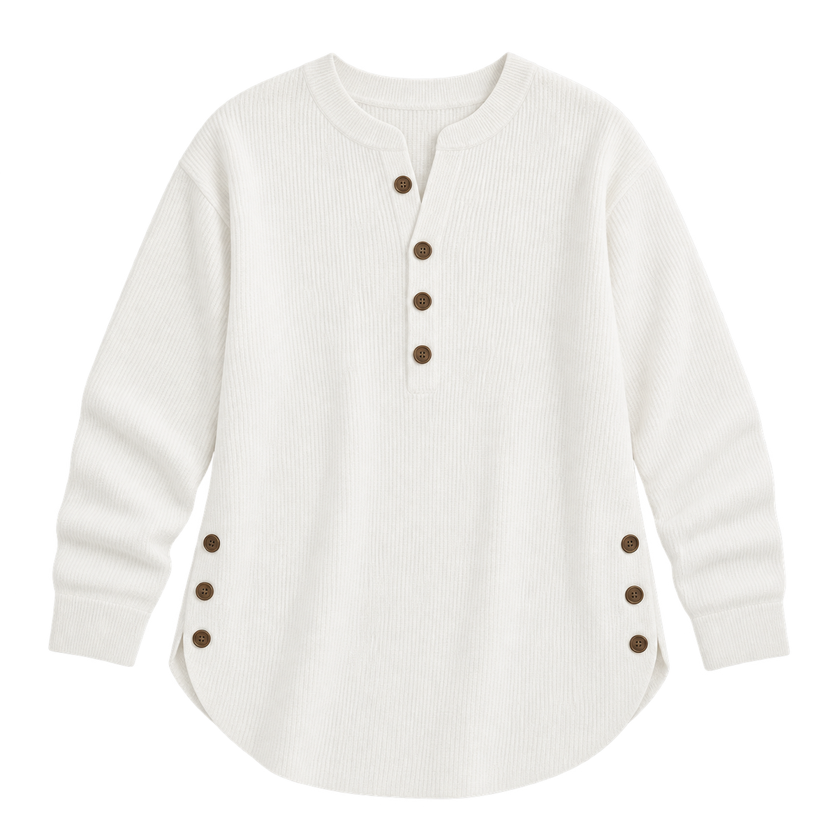 Suéter de punto Henley largo para mujer | Ajuste relajado | Detalles de botones laterales, tapeta de botones flexible | Casual elegante