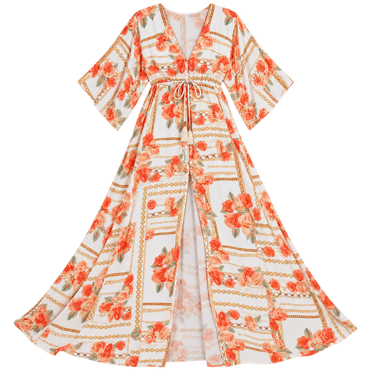 Women's Maxi Dress with V-Neck and Adjustable Belt