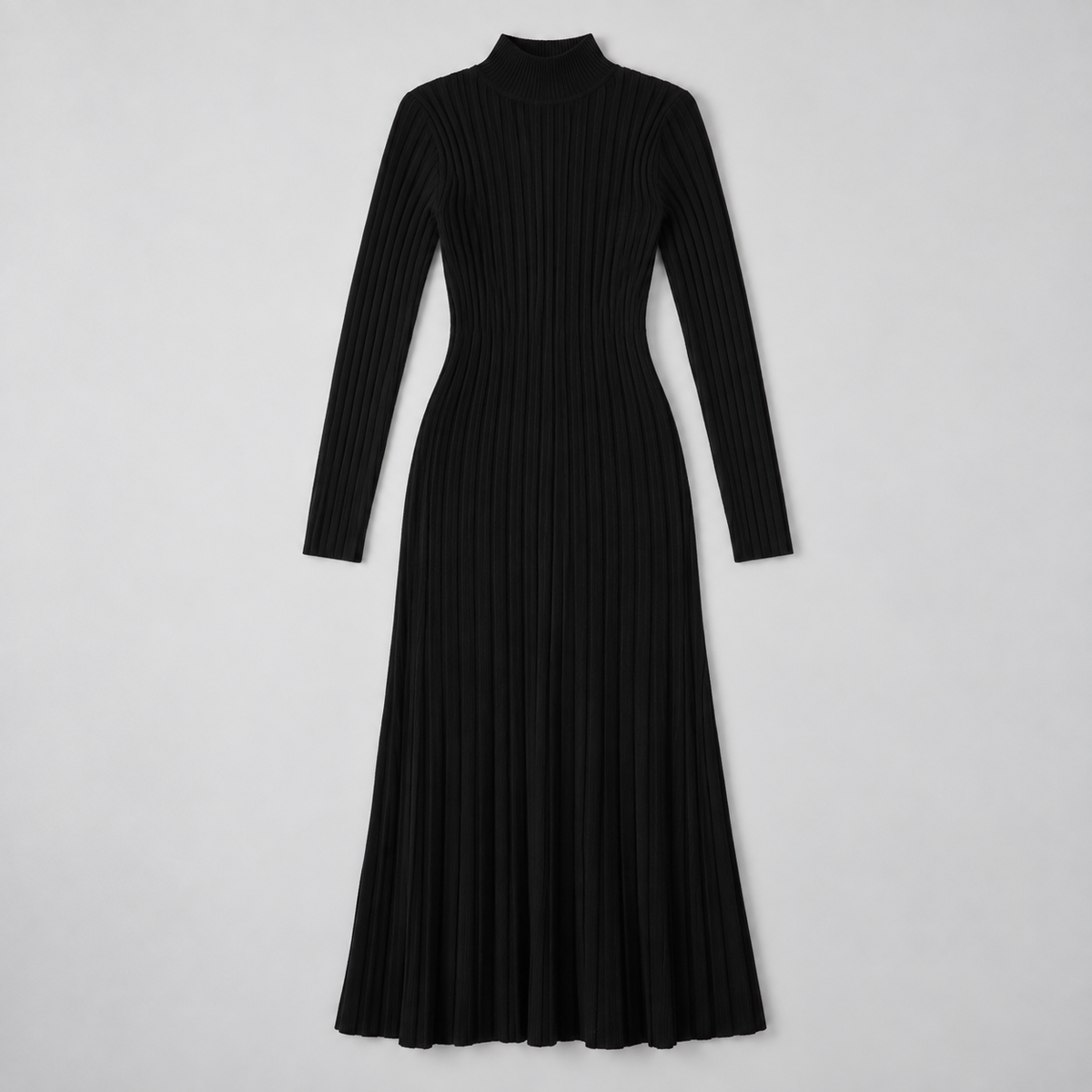 Vestido de Lana Merino con Cuello Alto y Escote en V | Manga Larga y Corte Fluido | Tejido 100 % Merino para Otoño e Invierno