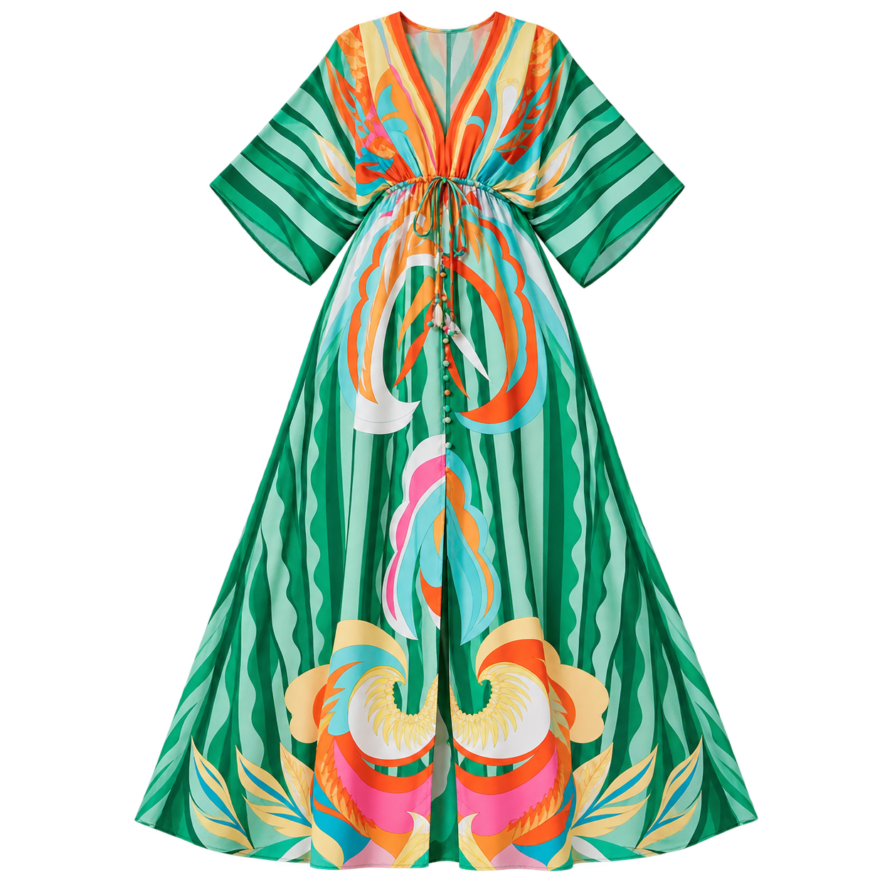Women's Maxi Dress with V-Neck and Adjustable Belt