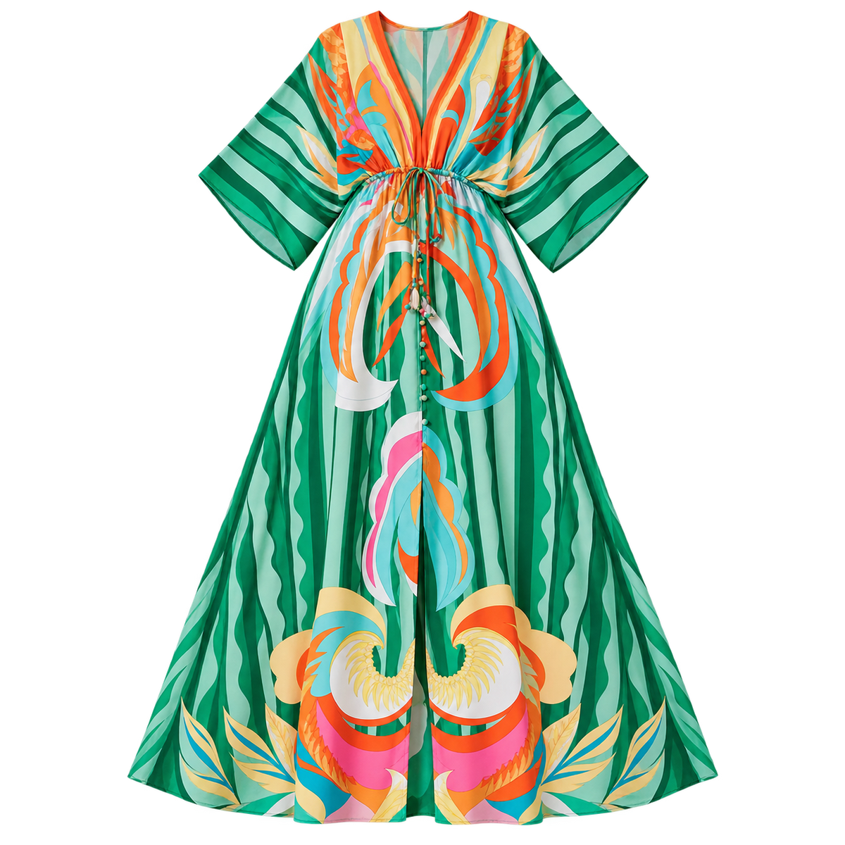 Women's Maxi Dress with V-Neck and Adjustable Belt