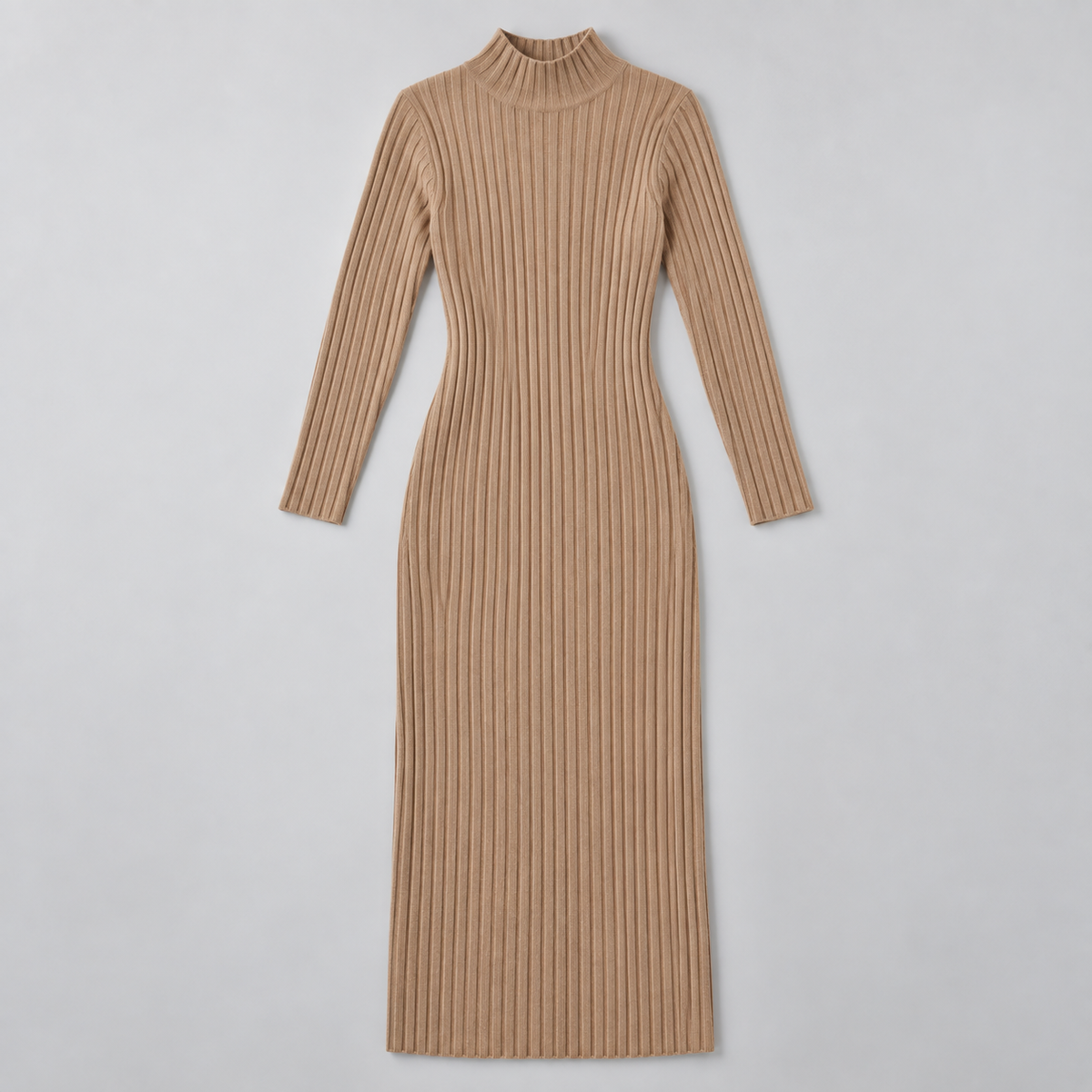 Vestido de Lana Merino con Cuello Alto y Escote en V | Manga Larga y Corte Fluido | Tejido 100 % Merino para Otoño e Invierno