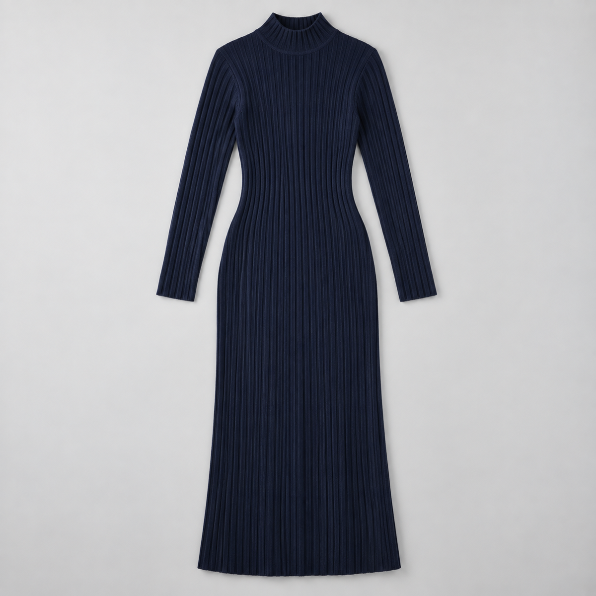 Vestido de Lana Merino con Cuello Alto y Escote en V | Manga Larga y Corte Fluido | Tejido 100 % Merino para Otoño e Invierno