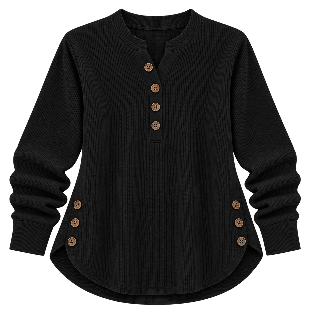 Suéter de punto Henley largo para mujer | Ajuste relajado | Detalles de botones laterales, tapeta de botones flexible | Casual elegante