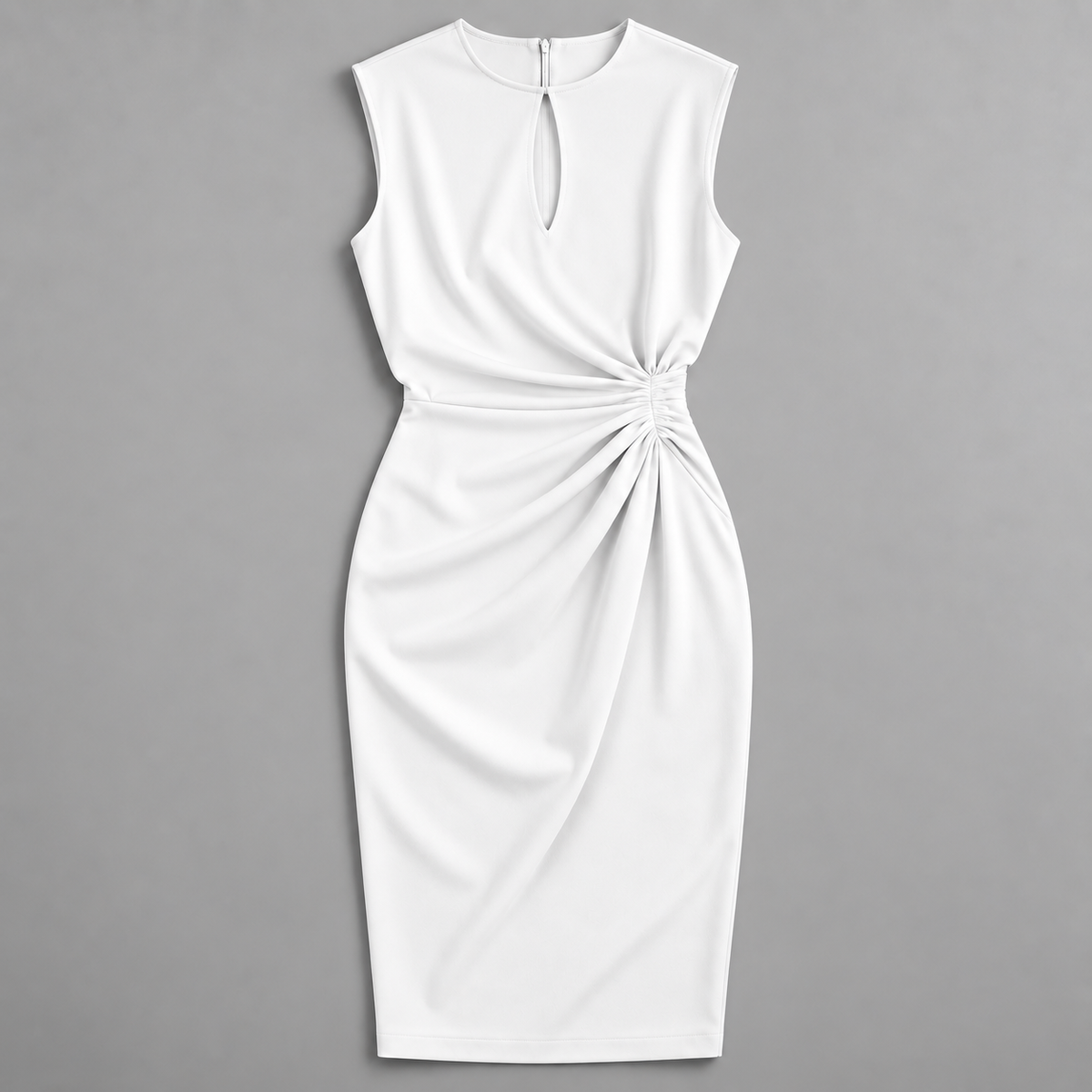 Vestido Midi con Drapeado Lateral y Escote con Abertura | Corte Elástico y Fluido | Estilo Moderno para Eventos y Oficina