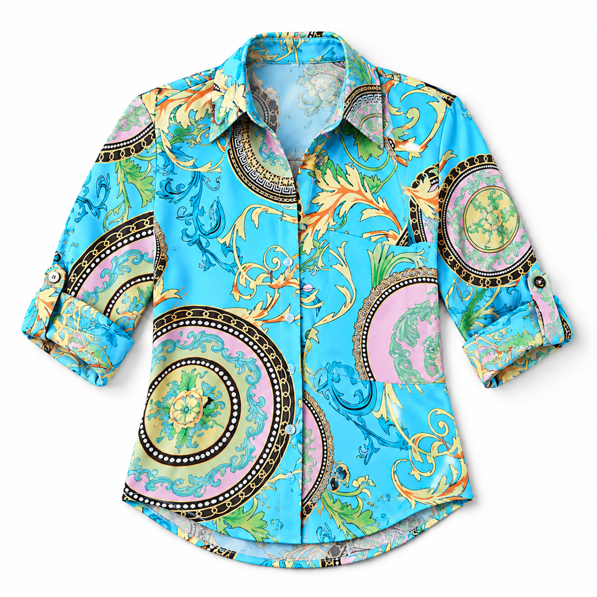 Blusa de Satén para Mujer con Estampado Geométrico | Corte Regular | Abotonada, Manga Larga, Resistente a Arrugas | Ropa de Trabajo, Ropa de Noche