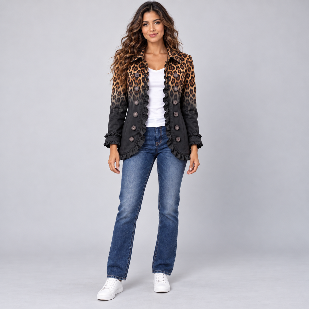 Blazer de mujer en mezcla de algodón con volantes y doble botonadura