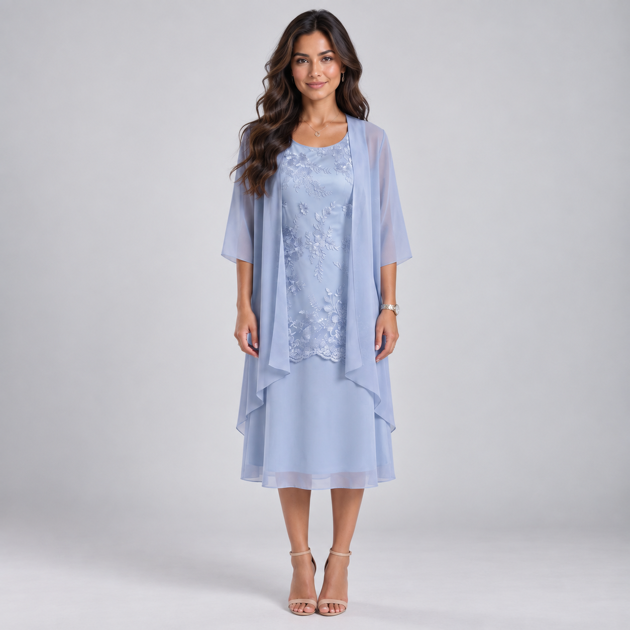 Vestido Largo de Dos Piezas con Encaje y Gasa | Capa Superior Texturizada y Caída Fluida | Estilo Romántico para Eventos Especiales