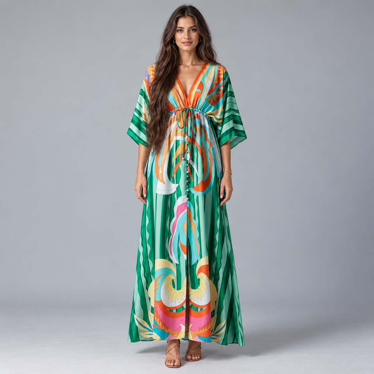 Women's Maxi Dress with V-Neck and Adjustable Belt