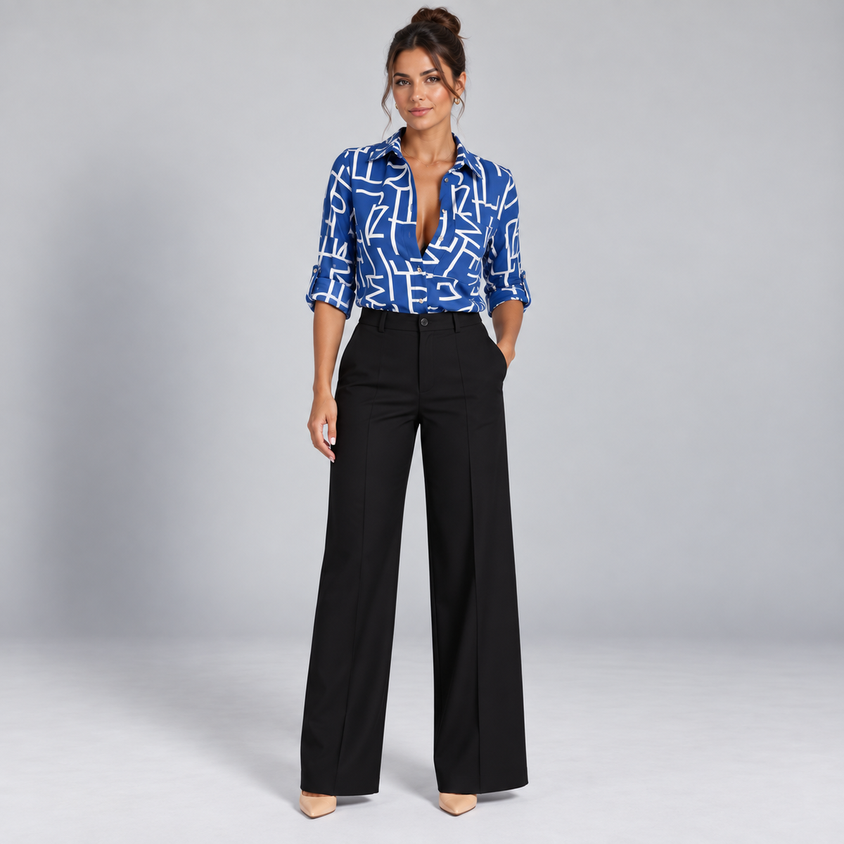 Blusa de Satén para Mujer con Estampado Geométrico | Corte Regular | Abotonada, Manga Larga, Resistente a Arrugas | Ropa de Trabajo, Ropa de Noche