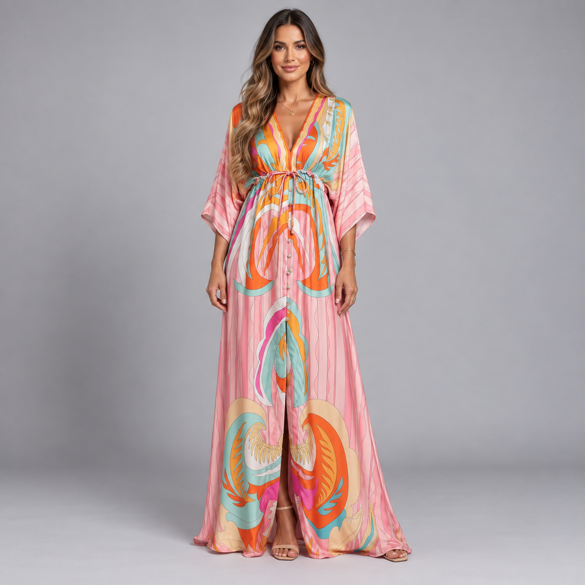Women's Maxi Dress with V-Neck and Adjustable Belt