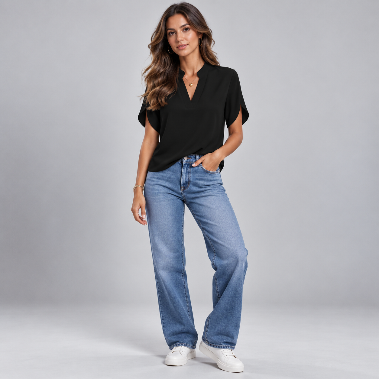 Blusa de Mujer con Cuello en V y Manga Corta | Corte Amplio y Fluido | Estilo Casual y Elegante para Oficina y Verano