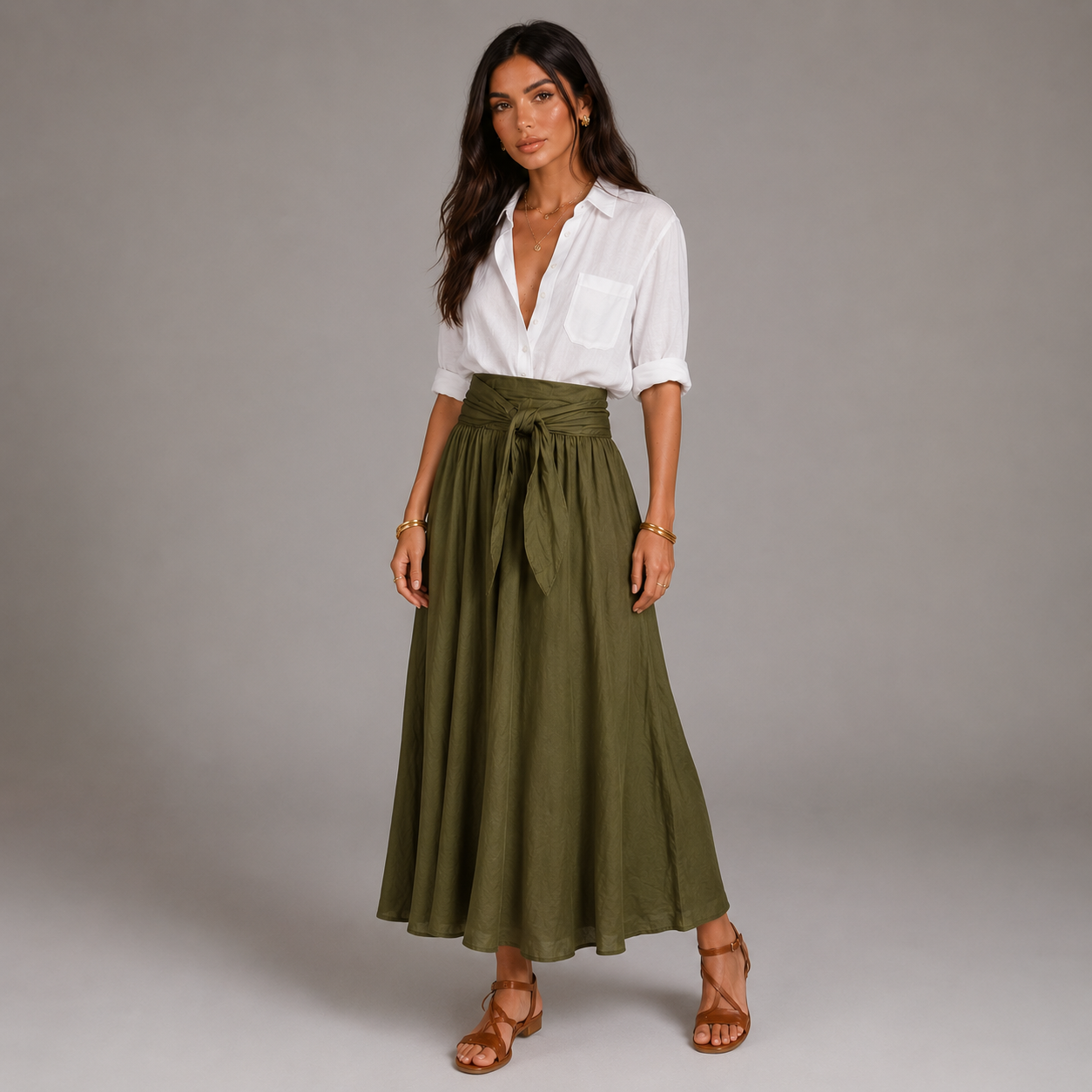 Noor - Elegante conjunto de lino para mujer con cinturón de lazo y falda amplia