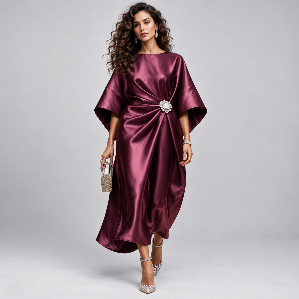Vestido Midi Cruzado y Acampanado con Mangas Amplias | Corte Fluido y Femenino | Estilo para Bodas y Eventos Especiales
