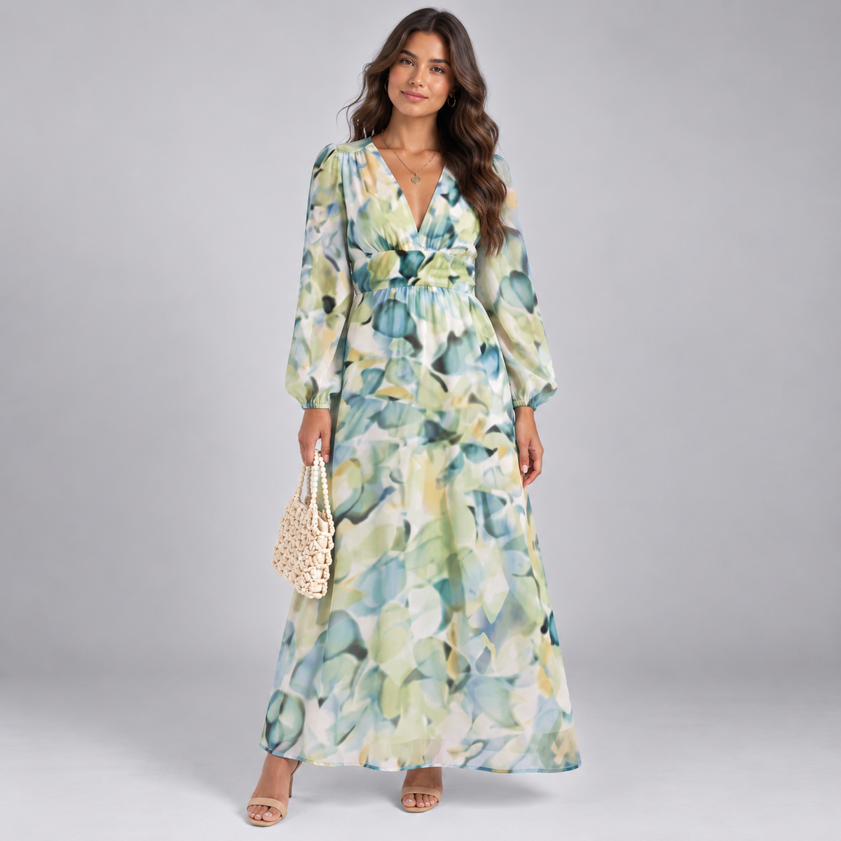 Vestido Largo Estampado con Escote en V y Cintura Alta | Mangas Abullonadas y Corte Fluido | Estilo Bohemio para Cualquier Ocasión