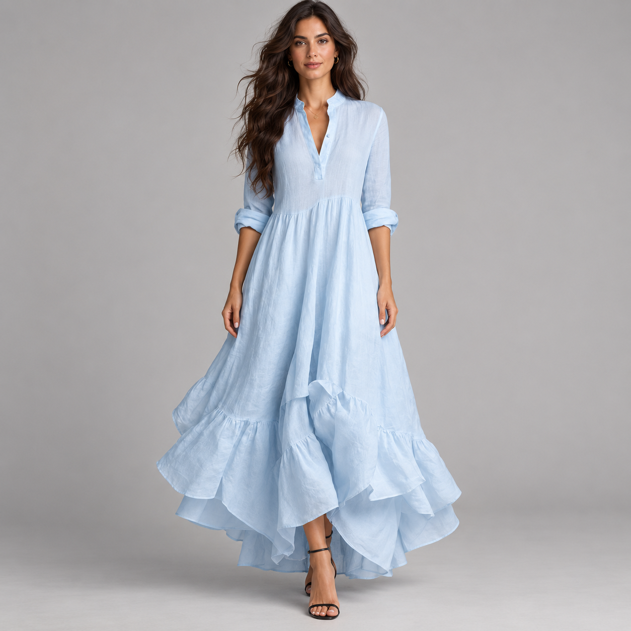 Vestido largo de mujer con escote en V y falda fluida