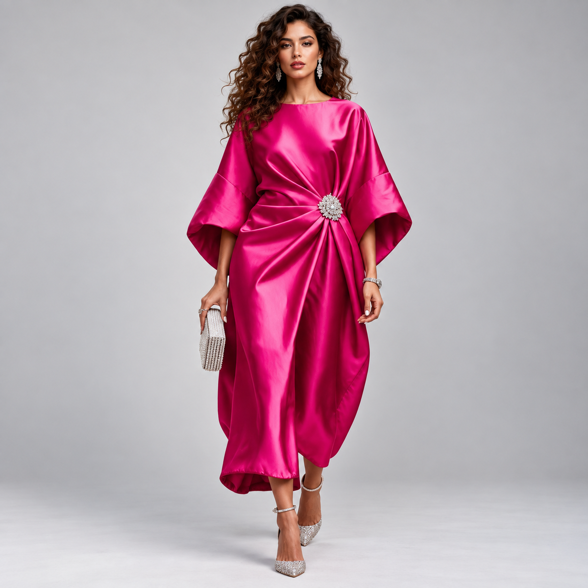 Vestido Midi Cruzado y Acampanado con Mangas Amplias | Corte Fluido y Femenino | Estilo para Bodas y Eventos Especiales