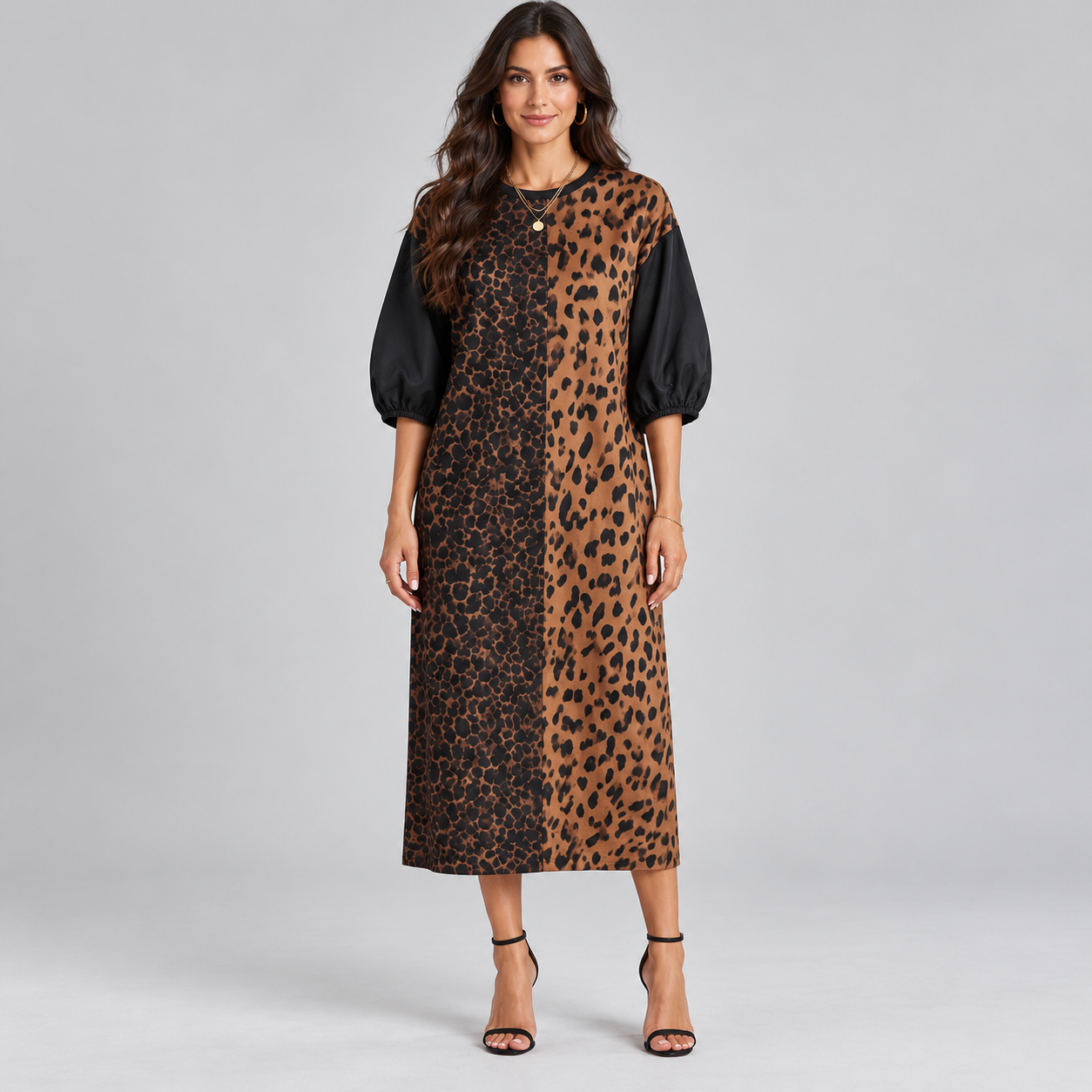 Vestido de mujer con estampado de leopardo y mangas abullonadas