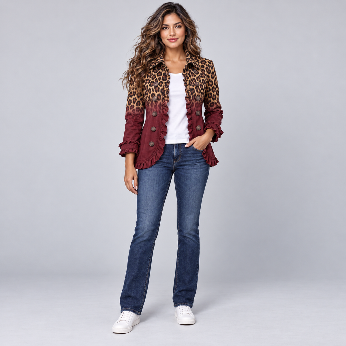 Blazer de mujer en mezcla de algodón con volantes y doble botonadura