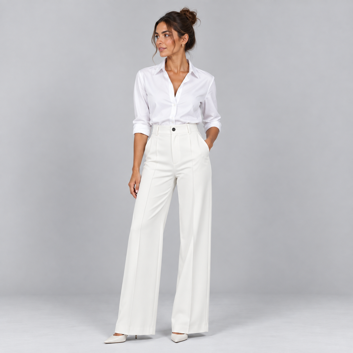 Pantalón de Talle Alto y Corte Recto | Cinturilla Elástica y Pliegues Delanteros | Estilo Versátil para Oficina y Fin de Semana