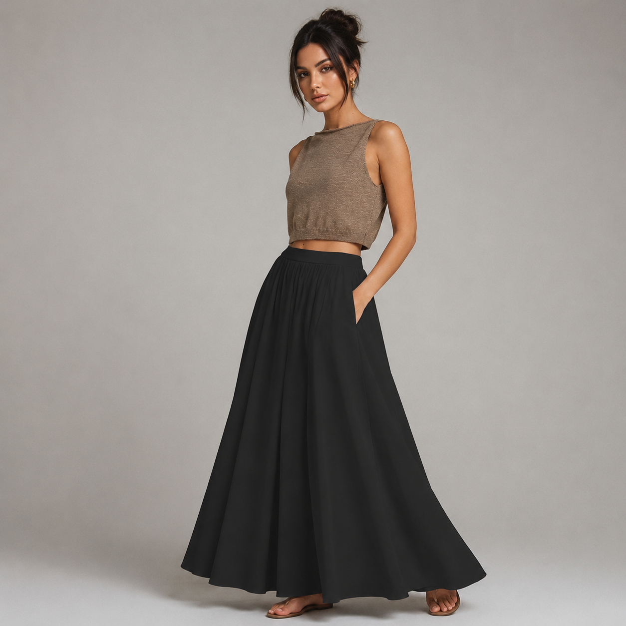 Anouk - Elegante falda larga de lino para mujer con cintura elástica y bolsillos laterales
