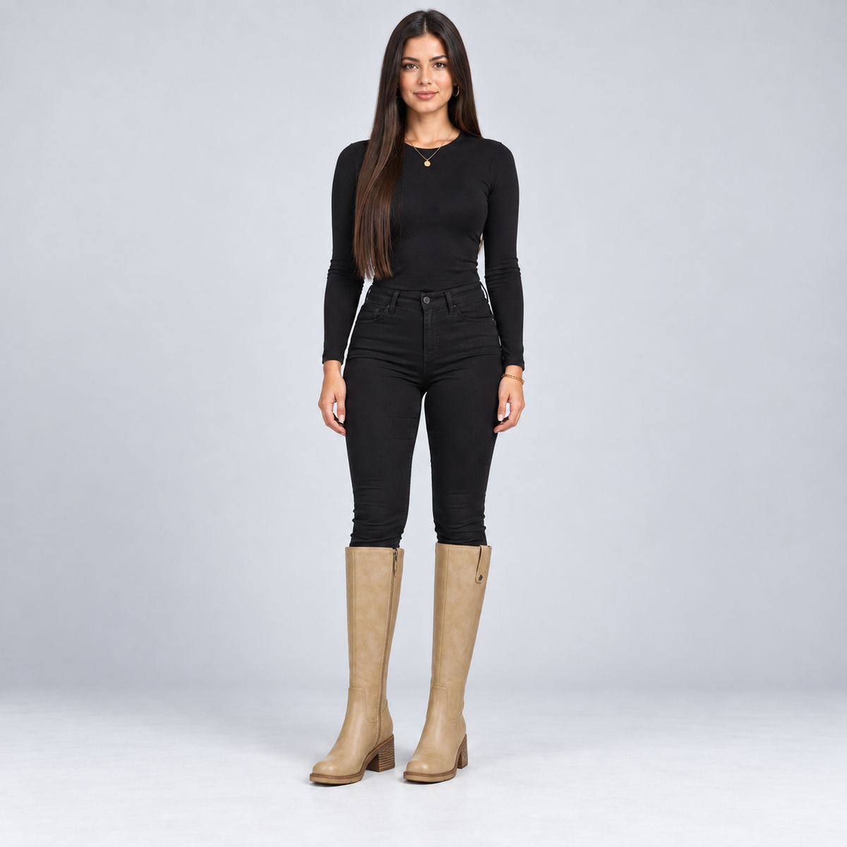 Botas de cuero sintético para mujer con tacón grueso