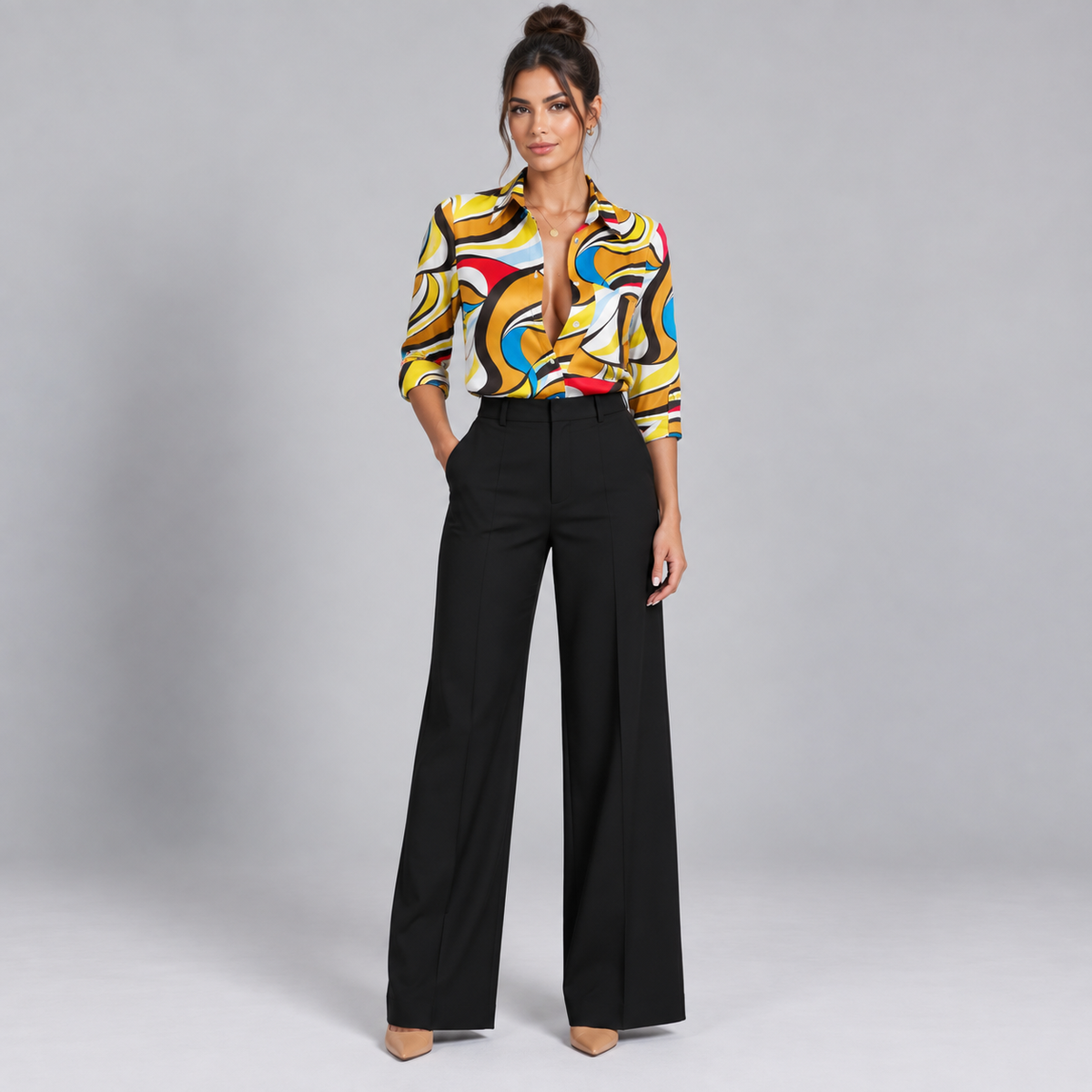 Blusa de Satén para Mujer con Estampado Geométrico | Corte Regular | Abotonada, Manga Larga, Resistente a Arrugas | Ropa de Trabajo, Ropa de Noche