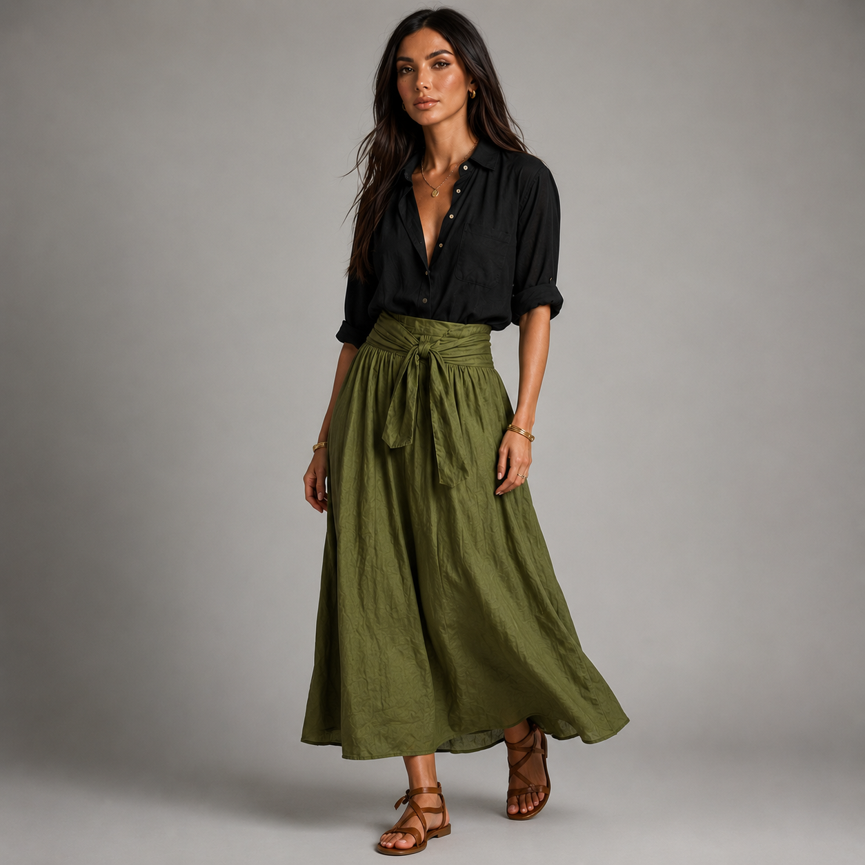 Noor - Elegante conjunto de lino para mujer con cinturón de lazo y falda amplia
