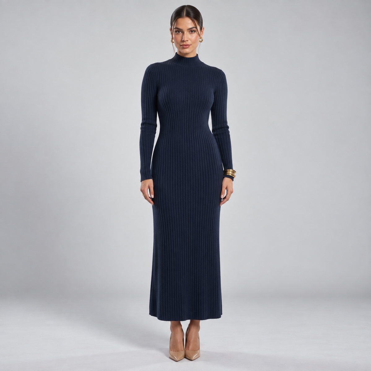 Vestido de Lana Merino con Cuello Alto y Escote en V | Manga Larga y Corte Fluido | Tejido 100 % Merino para Otoño e Invierno