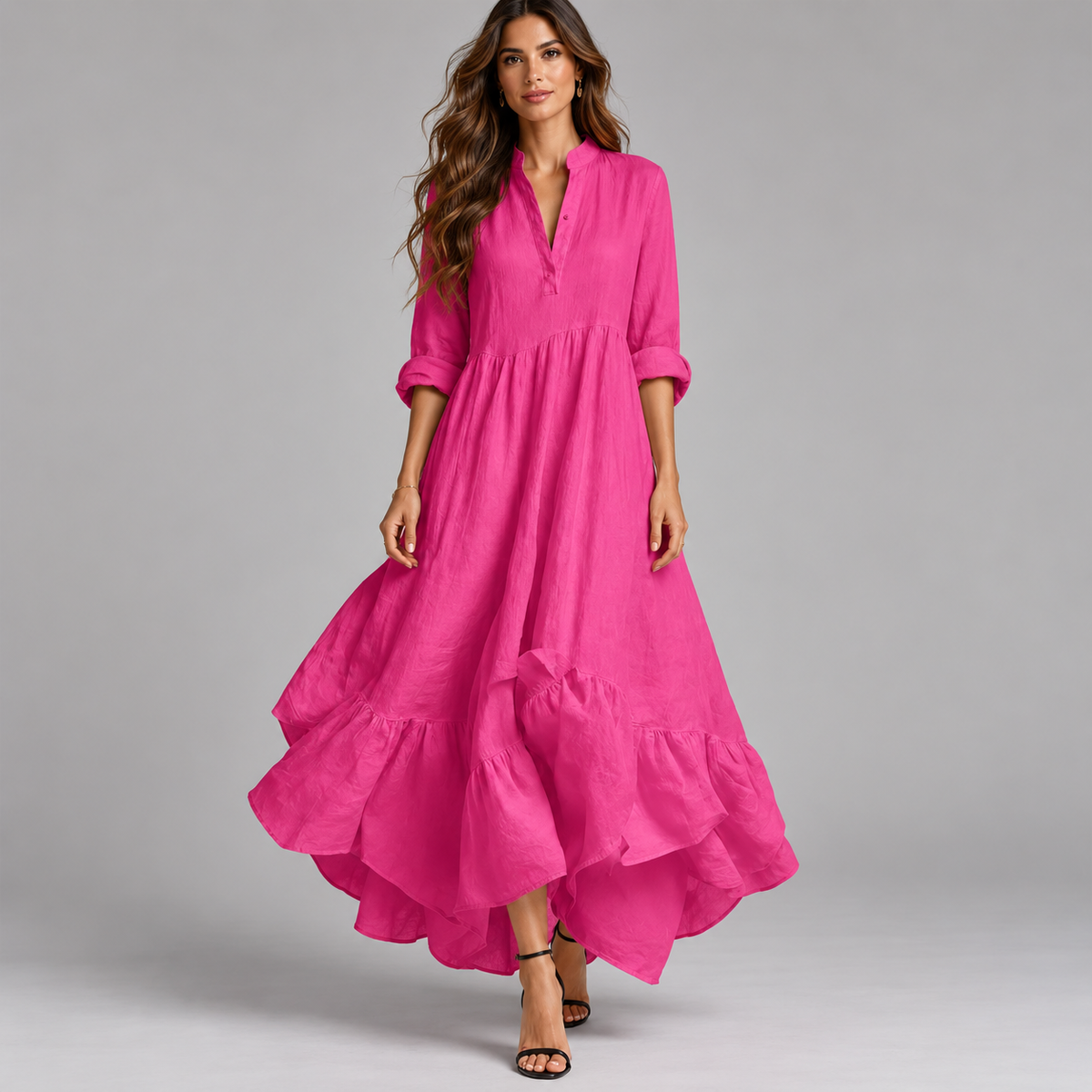 Vestido largo de mujer con escote en V y falda fluida