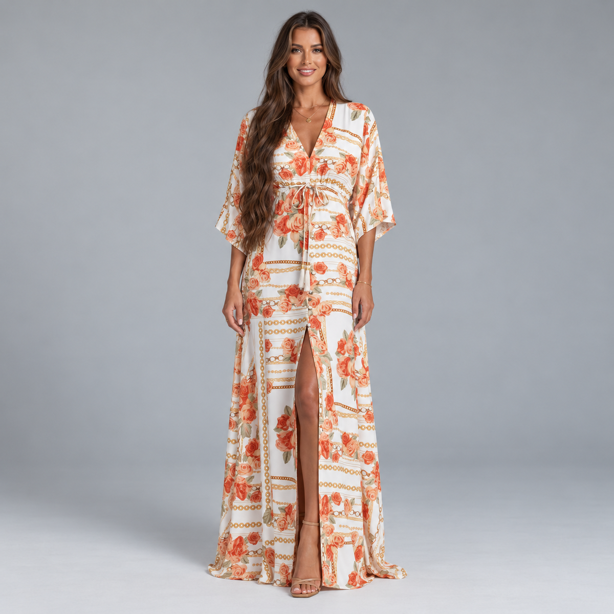 Women's Maxi Dress with V-Neck and Adjustable Belt