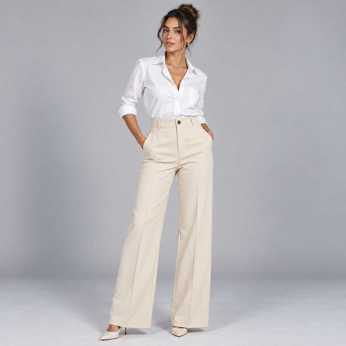 Pantalón de Talle Alto y Corte Recto | Cinturilla Elástica y Pliegues Delanteros | Estilo Versátil para Oficina y Fin de Semana