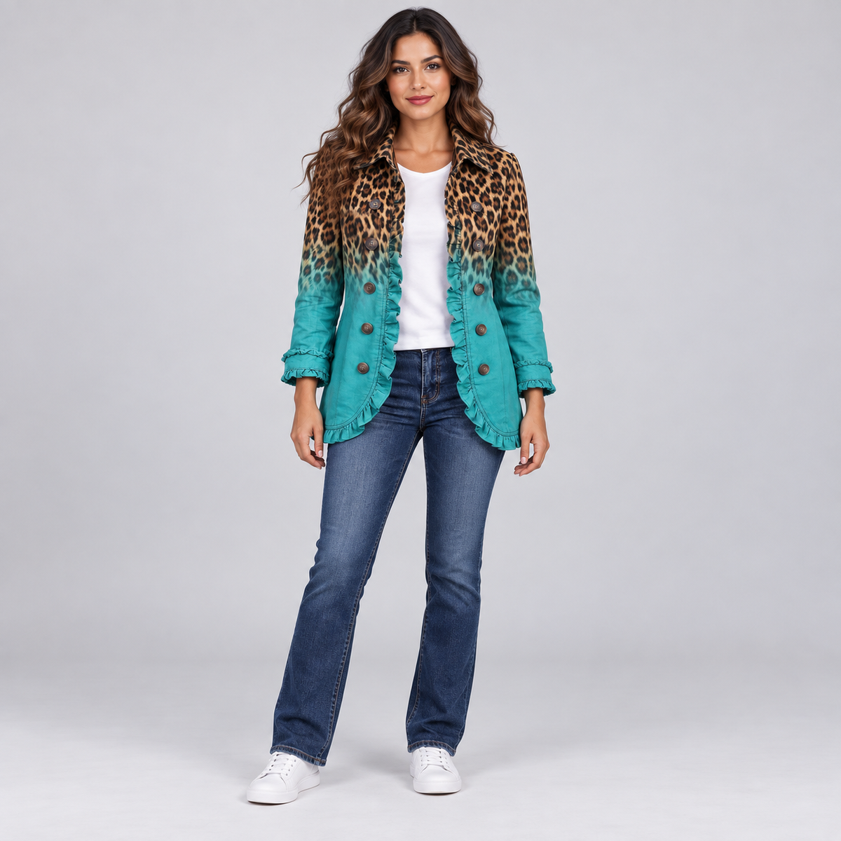Blazer de mujer en mezcla de algodón con volantes y doble botonadura