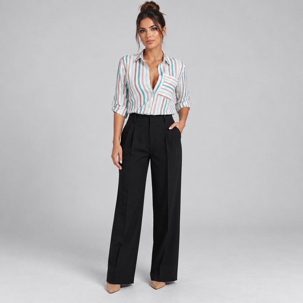 Blusa de Satén para Mujer con Estampado Geométrico | Corte Regular | Abotonada, Manga Larga, Resistente a Arrugas | Ropa de Trabajo, Ropa de Noche