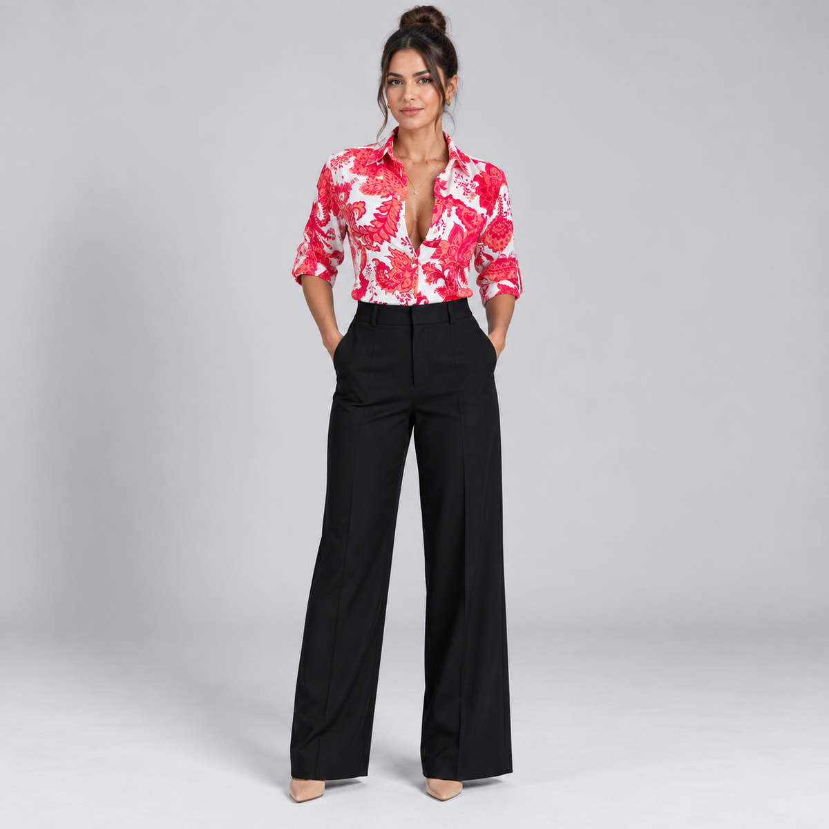 Blusa de Satén para Mujer con Estampado Geométrico | Corte Regular | Abotonada, Manga Larga, Resistente a Arrugas | Ropa de Trabajo, Ropa de Noche