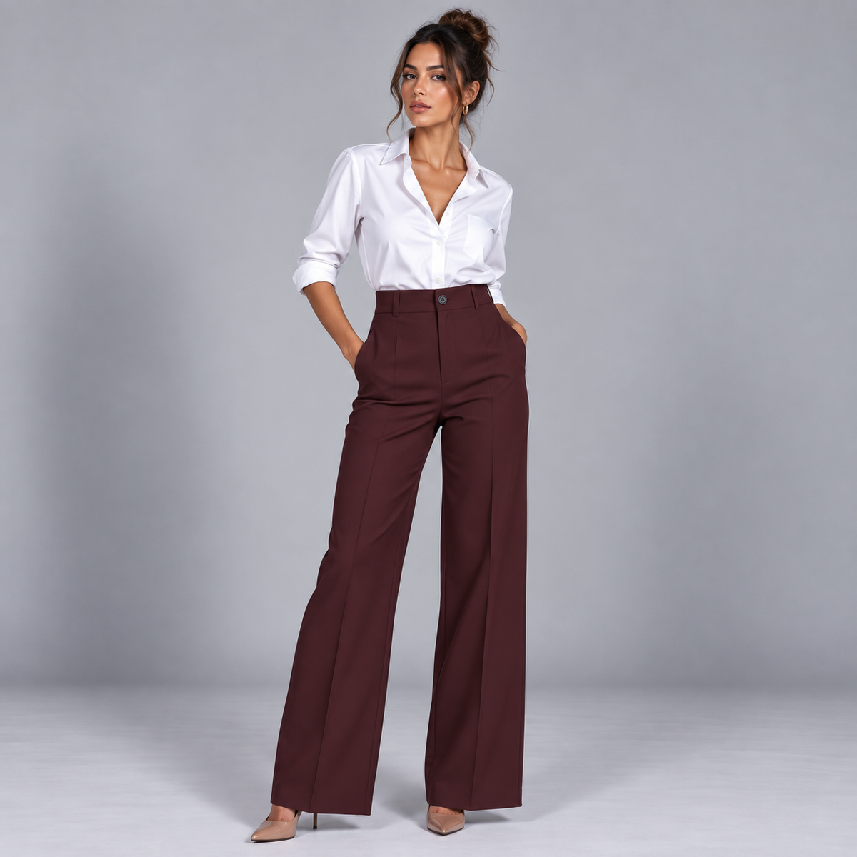Pantalón de Talle Alto y Corte Recto | Cinturilla Elástica y Pliegues Delanteros | Estilo Versátil para Oficina y Fin de Semana