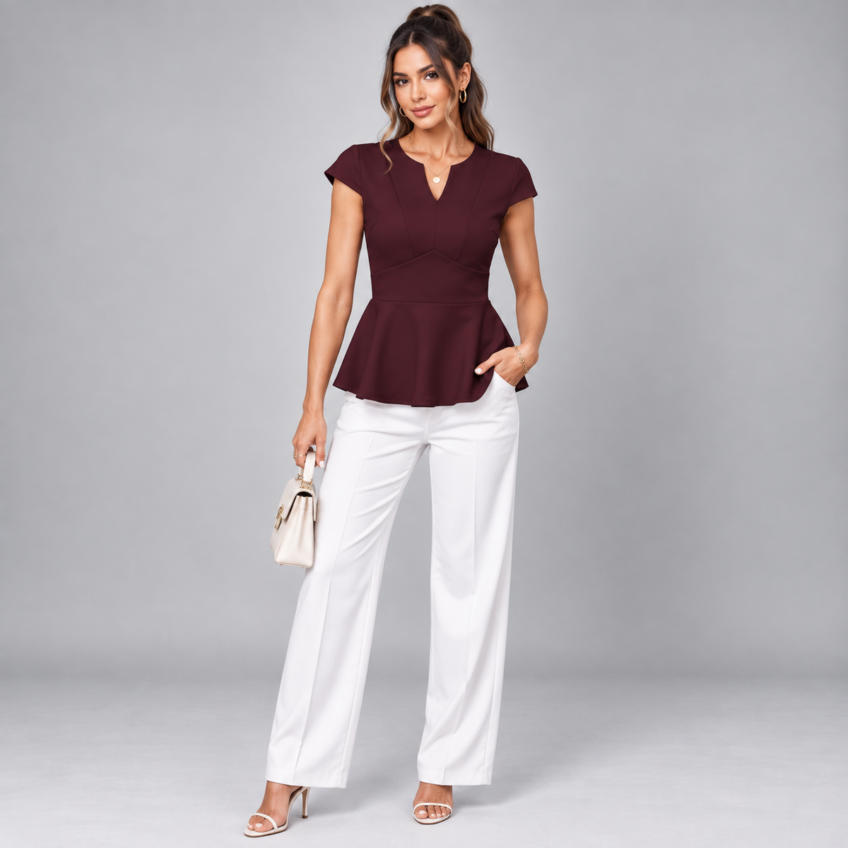 Blusa de Mujer con Cuello en V, Costuras Princesa Contorneadas | Corte Entallado | Mangas Capa, Dobladillo con Volantes, Elasticidad | De Oficina a Noche