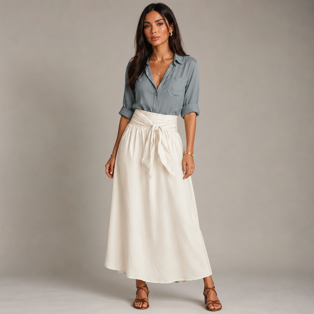 Conjunto Mujer Camisa y Falda Maxi