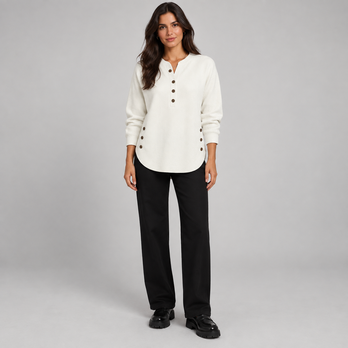 Suéter de punto Henley largo para mujer | Ajuste relajado | Detalles de botones laterales, tapeta de botones flexible | Casual elegante