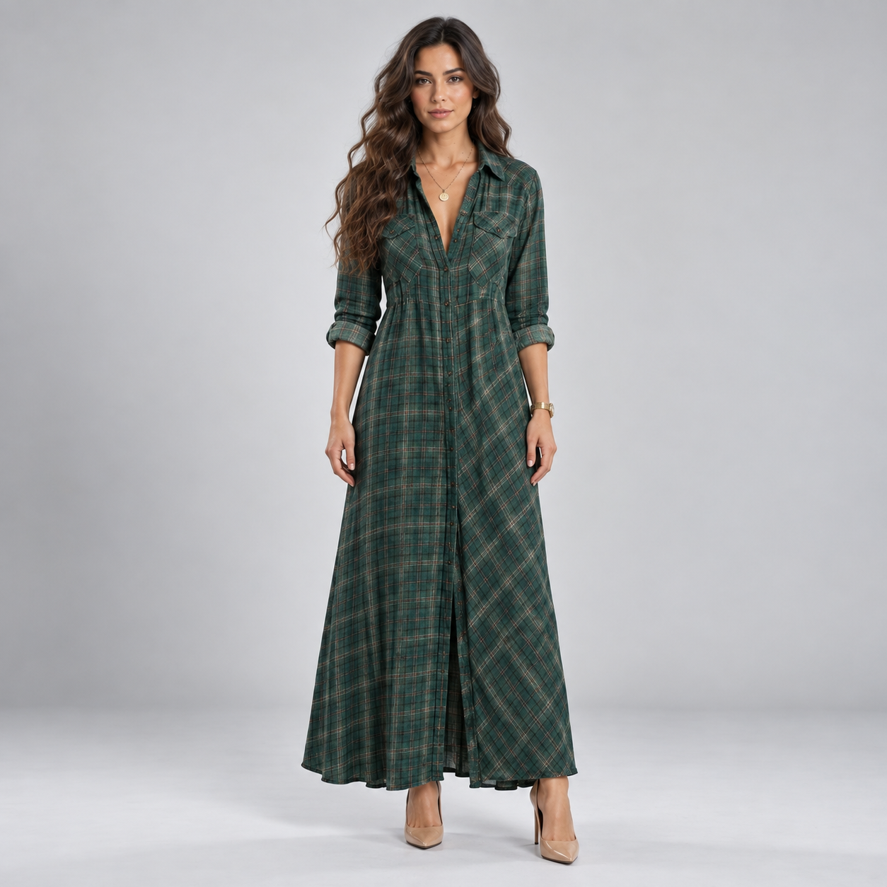 Vestido Largo Camisero de Franela a Cuadros | Botonadura Frontal y Corte Cómodo | Estilo Campestre para Otoño y Brunch