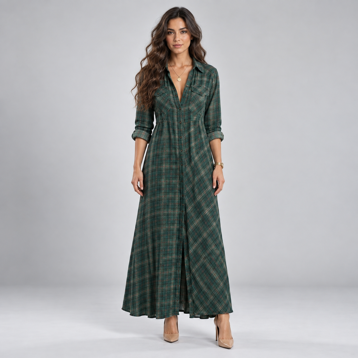 Vestido Largo Camisero de Franela a Cuadros | Botonadura Frontal y Corte Cómodo | Estilo Campestre para Otoño y Brunch